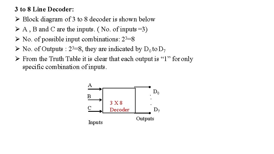 3 to 8 Line Decoder: Block diagram of 3 to 8 decoder is shown 3 to 8 Line Decoder: Block diagram of 3 to 8 decoder is shown