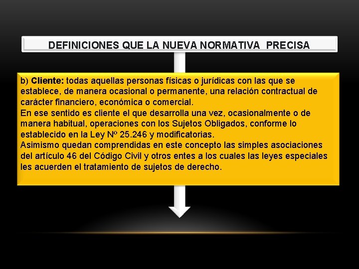 DEFINICIONES QUE LA NUEVA NORMATIVA PRECISA b) Cliente: todas aquellas personas físicas o jurídicas