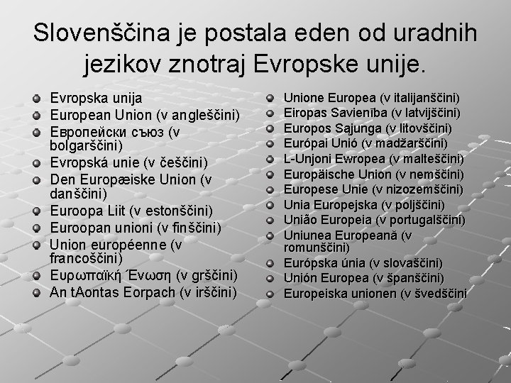 Slovenščina je postala eden od uradnih jezikov znotraj Evropske unije. Evropska unija European Union