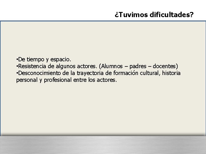 ¿Tuvimos dificultades? • De tiempo y espacio. • Resistencia de algunos actores. (Alumnos –