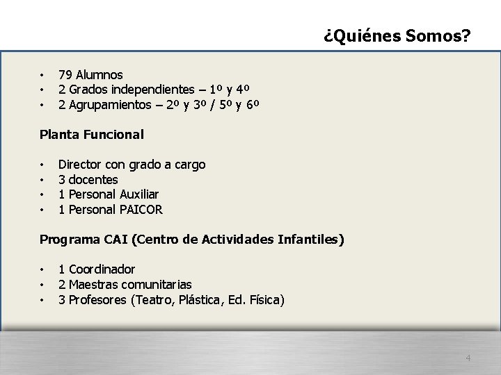 ¿Quiénes Somos? • • • 79 Alumnos 2 Grados independientes – 1º y 4º