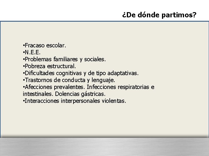 ¿De dónde partimos? • Fracaso escolar. • N. E. E. • Problemas familiares y