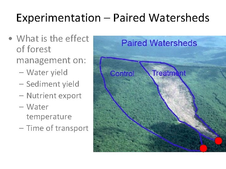 Experimentation – Paired Watersheds • What is the effect of forest management on: –