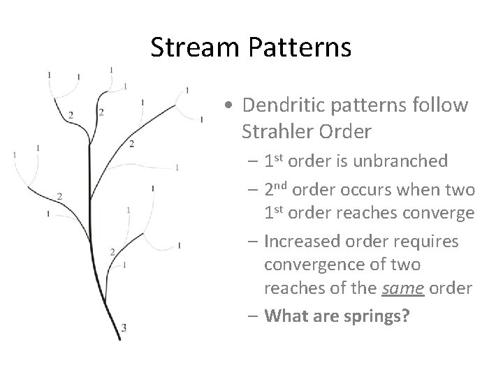 Stream Patterns • Dendritic patterns follow Strahler Order – 1 st order is unbranched