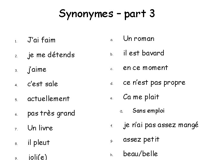 Synonymes – part 3 1. J’ai faim a. Un roman 2. je me détends