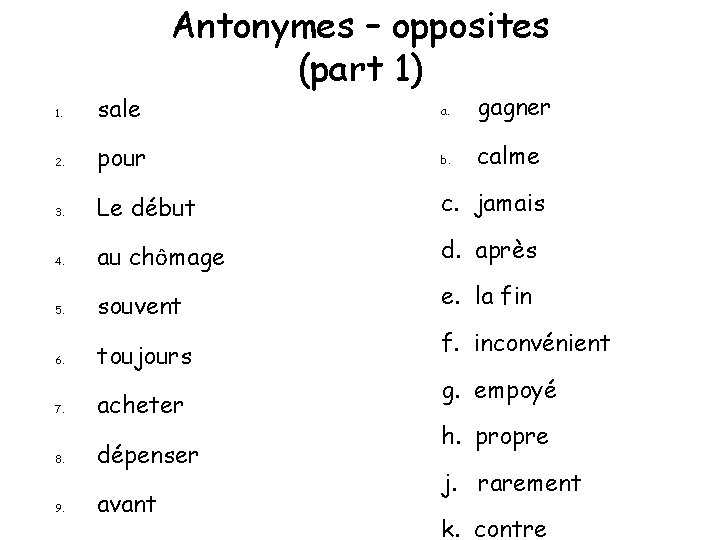 Antonymes – opposites (part 1) a. gagner pour b. calme 3. Le début c.