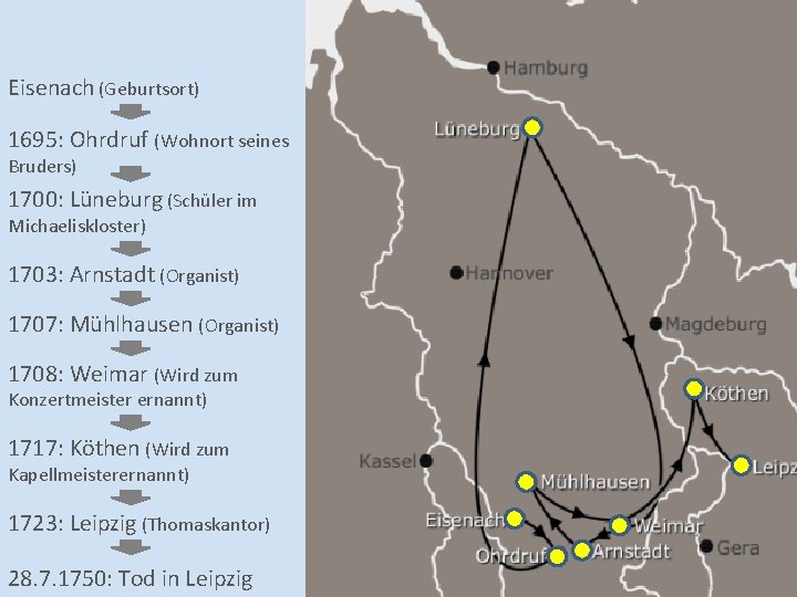 Eisenach (Geburtsort) 1695: Ohrdruf (Wohnort seines Bruders) 1700: Lüneburg (Schüler im Michaeliskloster) 1703: Arnstadt