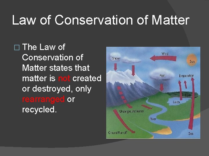 Law of Conservation of Matter � The Law of Conservation of Matter states that