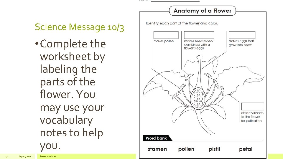 Science Message 10/3 • Complete the worksheet by labeling the parts of the flower.
