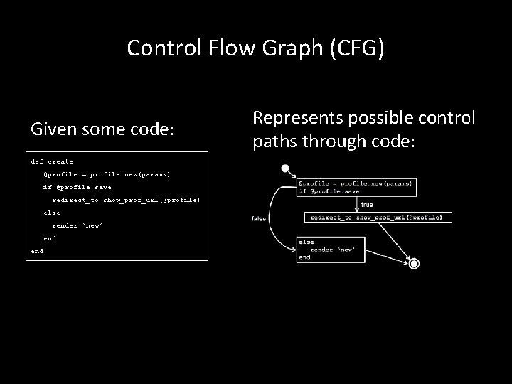 Control Flow Graph (CFG) Given some code: def create @profile = profile. new(params) if