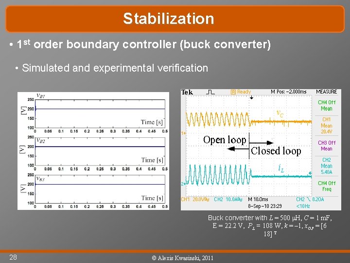 Stabilization • 1 st order boundary controller (buck converter) • Simulated and experimental verification