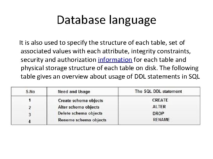 Database language It is also used to specify the structure of each table, set Database language It is also used to specify the structure of each table, set
