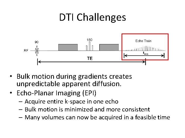 DTI Challenges • Bulk motion during gradients creates unpredictable apparent diffusion. • Echo-Planar Imaging