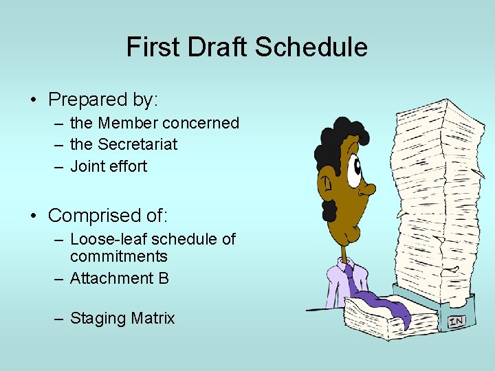 First Draft Schedule • Prepared by: – the Member concerned – the Secretariat –