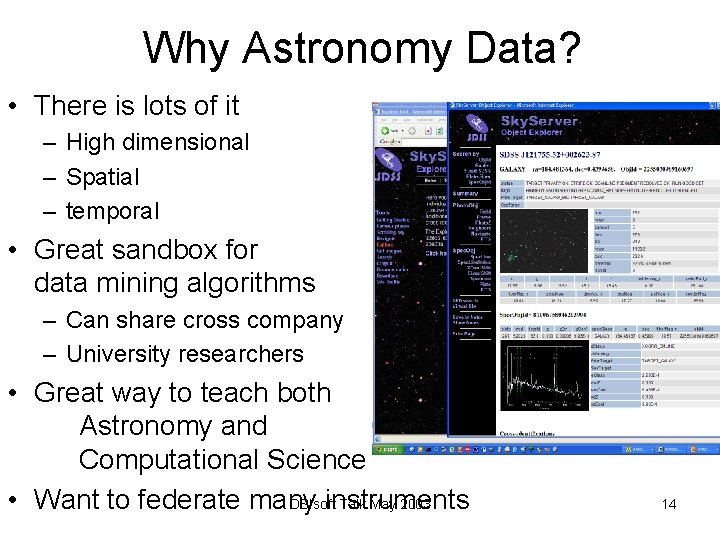 Why Astronomy Data? • There is lots of it – High dimensional – Spatial