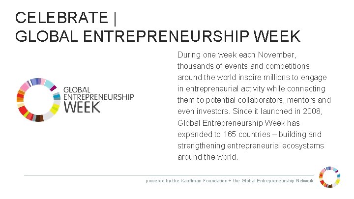 CELEBRATE | GLOBAL ENTREPRENEURSHIP WEEK During one week each November, thousands of events and