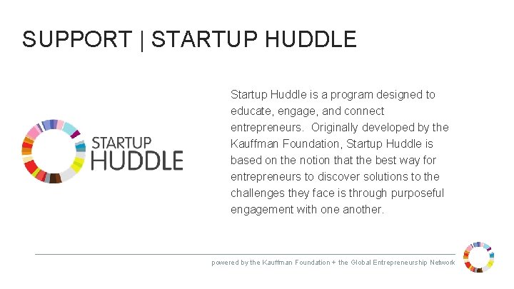 SUPPORT | STARTUP HUDDLE Startup Huddle is a program designed to educate, engage, and