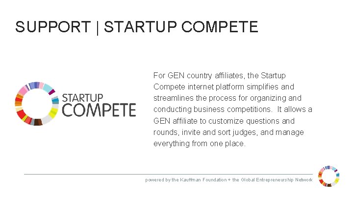 SUPPORT | STARTUP COMPETE For GEN country affiliates, the Startup Compete internet platform simplifies