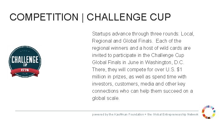 COMPETITION | CHALLENGE CUP Startups advance through three rounds: Local, Regional and Global Finals.