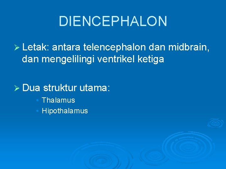 DIENCEPHALON Ø Letak: antara telencephalon dan midbrain, dan mengelilingi ventrikel ketiga Ø Dua struktur