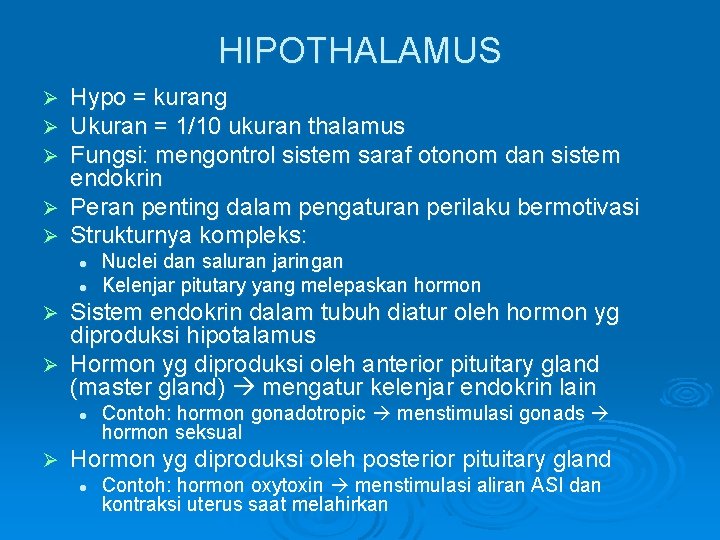 HIPOTHALAMUS Hypo = kurang Ukuran = 1/10 ukuran thalamus Fungsi: mengontrol sistem saraf otonom