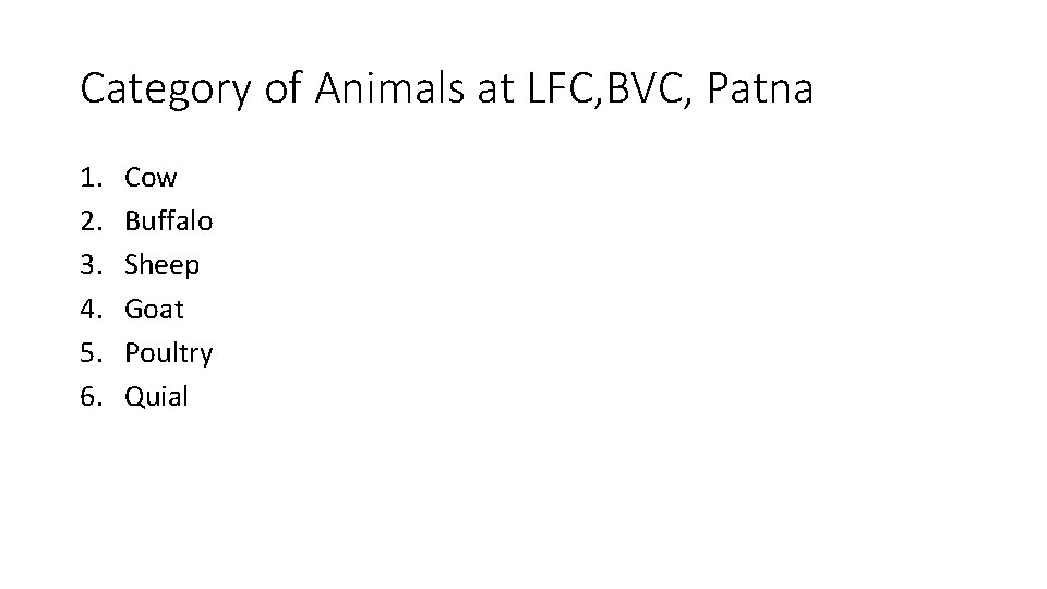 Category of Animals at LFC, BVC, Patna 1. 2. 3. 4. 5. 6. Cow
