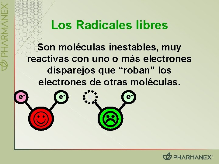 Los Radicales libres Son moléculas inestables, muy reactivas con uno o más electrones disparejos