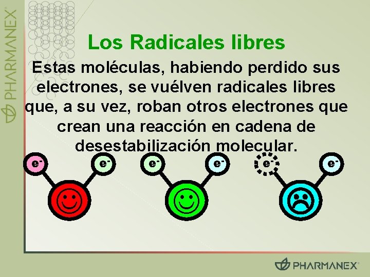 Los Radicales libres Estas moléculas, habiendo perdido sus electrones, se vuélven radicales libres que,