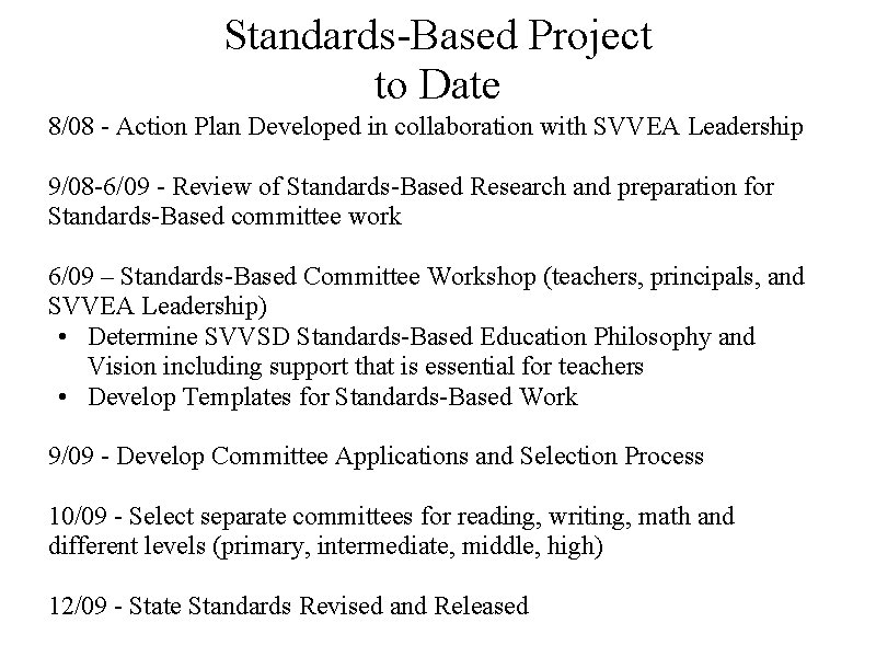 Standards-Based Project to Date 8/08 - Action Plan Developed in collaboration with SVVEA Leadership