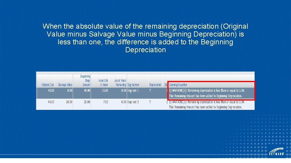 When the absolute value of the remaining depreciation (Original Value minus Salvage Value minus