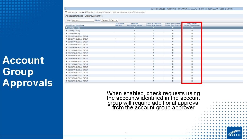 Account Group Approvals When enabled, check requests using the accounts identified in the account