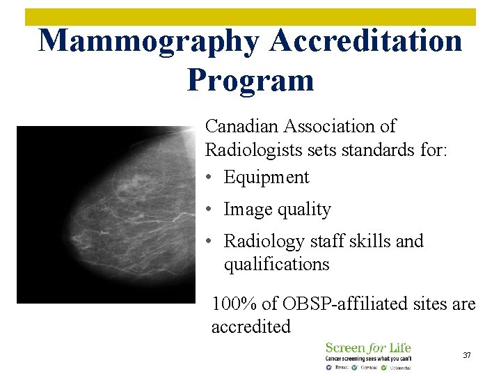 Mammography Accreditation Program Canadian Association of Radiologists sets standards for: • Equipment • Image