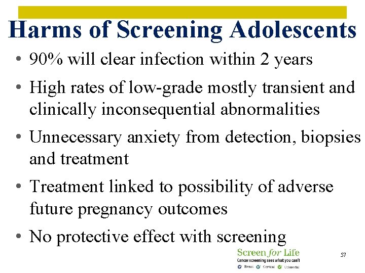 Harms of Screening Adolescents • 90% will clear infection within 2 years • High