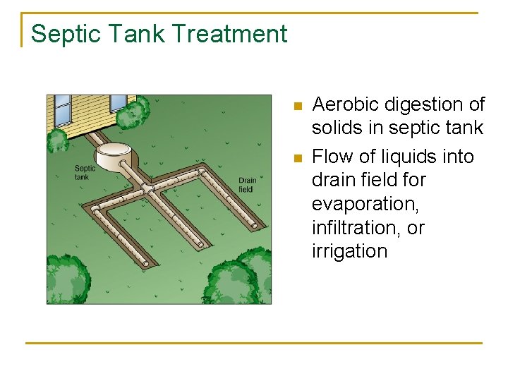 Septic Tank Treatment n n Aerobic digestion of solids in septic tank Flow of