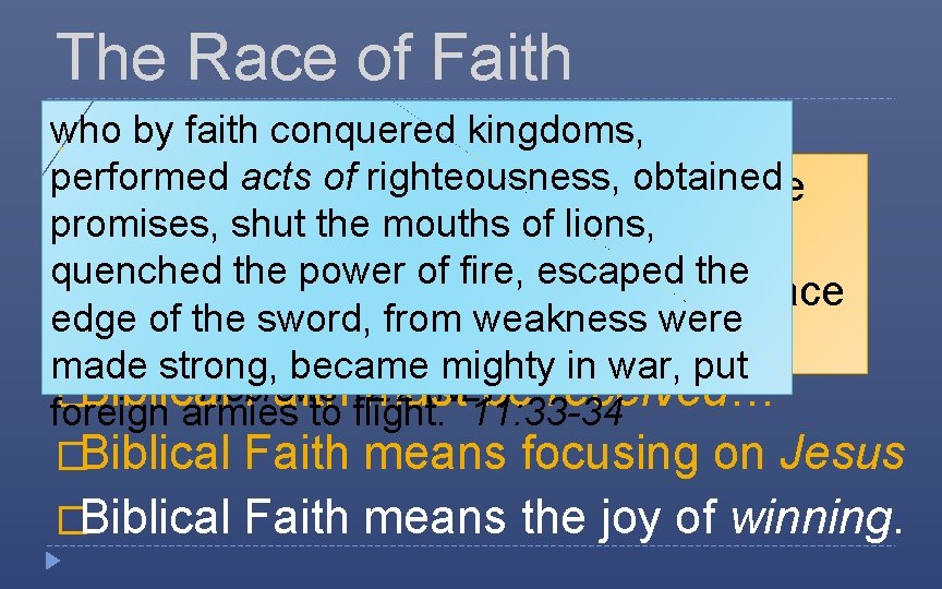 The Race of Faith who by faith. Faith conquered kingdoms, �Biblical means Action performed