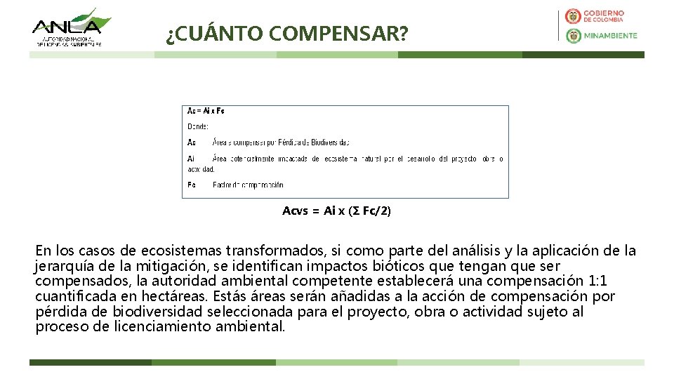 ¿CUÁNTO COMPENSAR? Acvs = Ai x (Σ Fc/2) En los casos de ecosistemas transformados,