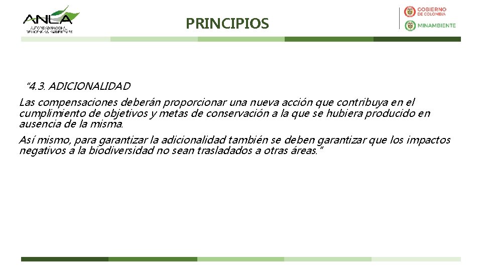 PRINCIPIOS “ 4. 3. ADICIONALIDAD Las compensaciones deberán proporcionar una nueva acción que contribuya