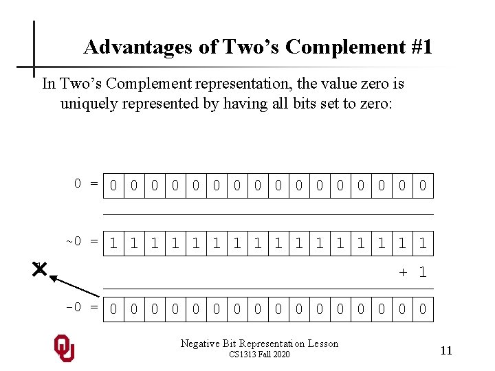 Advantages of Two’s Complement #1 In Two’s Complement representation, the value zero is uniquely Advantages of Two’s Complement #1 In Two’s Complement representation, the value zero is uniquely