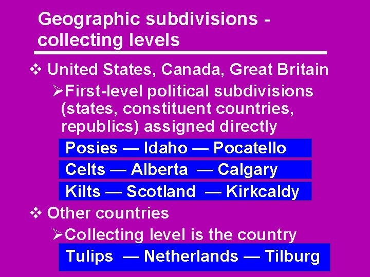 Geographic subdivisions - collecting levels v United States, Canada, Great Britain ØFirst-level political subdivisions