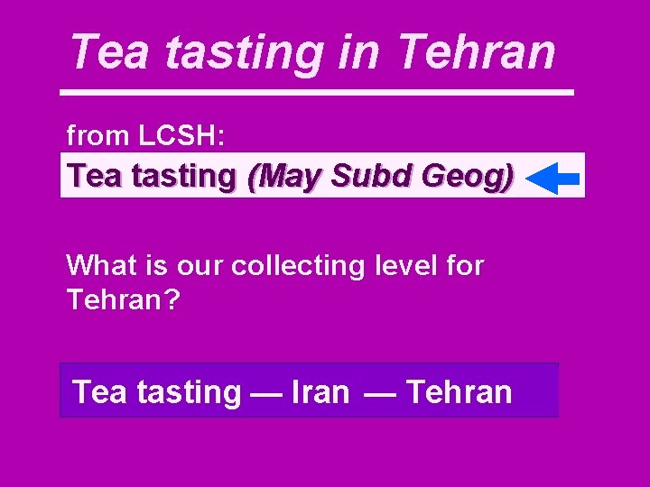 Tea tasting in Tehran from LCSH: Tea tasting (May Subd Geog) What is our