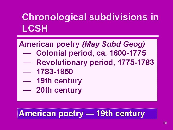 Chronological subdivisions in LCSH American poetry (May Subd Geog) — Colonial period, ca. 1600