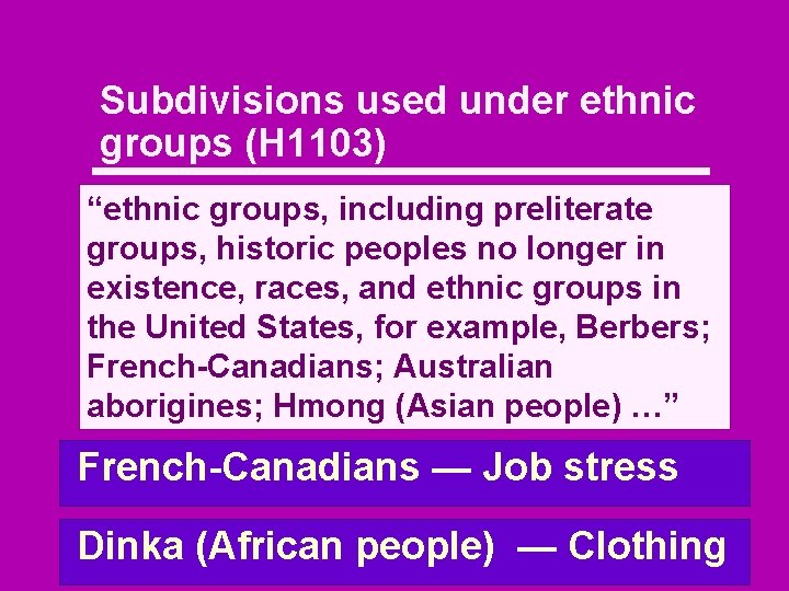Subdivisions used under ethnic groups (H 1103) “ethnic groups, including preliterate groups, historic peoples
