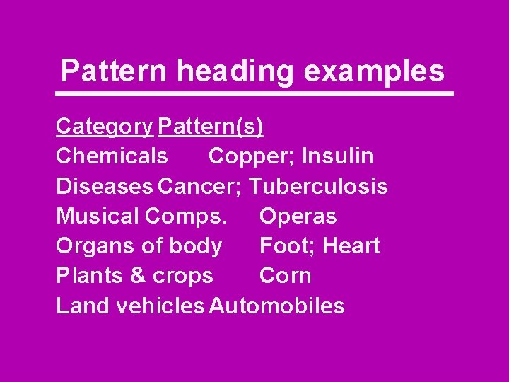 Pattern heading examples Category Pattern(s) Chemicals Copper; Insulin Diseases Cancer; Tuberculosis Musical Comps. Operas