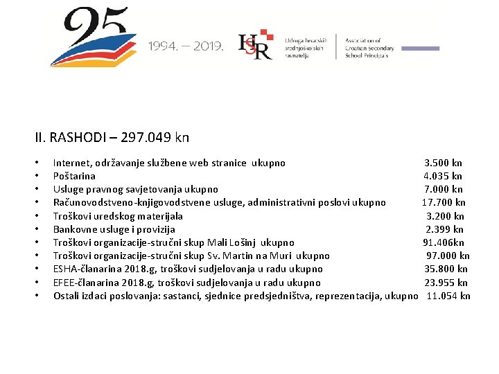 II. RASHODI – 297. 049 kn • • • Internet, održavanje službene web stranice