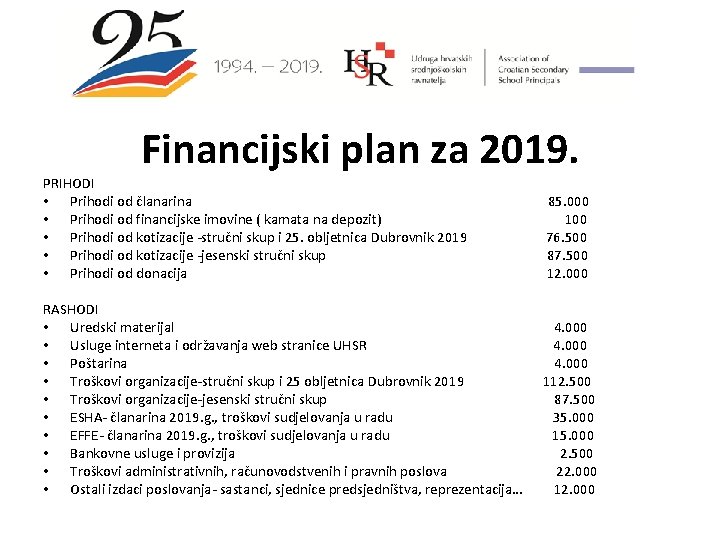 Financijski plan za 2019. PRIHODI • Prihodi od članarina • Prihodi od financijske imovine