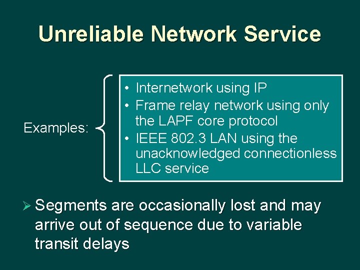 Unreliable Network Service Examples: • Internetwork using IP • Frame relay network using only