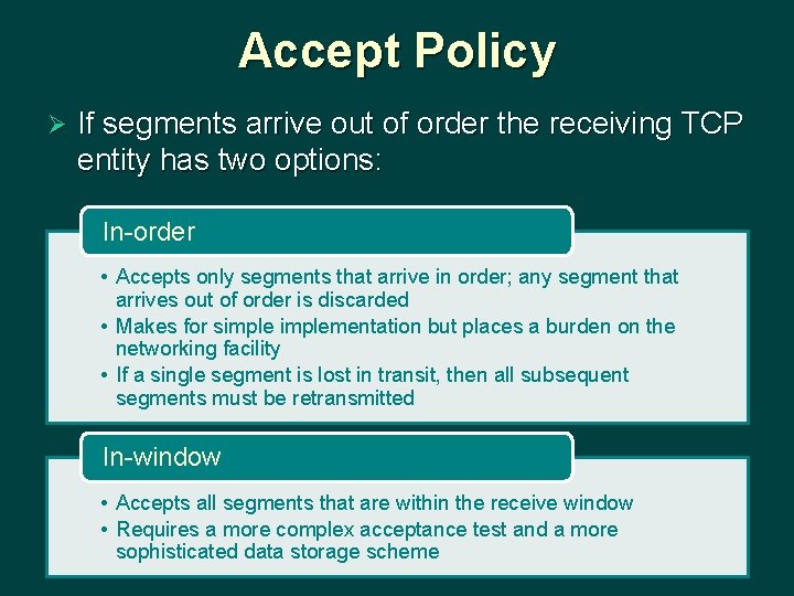 Accept Policy Ø If segments arrive out of order the receiving TCP entity has