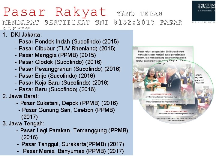 Pasar Rakyat YANG TELAH MENDAPAT SERTIFIKAT SNI 8152: 2015 PASAR RAKYAT 1. DKI Jakarta: