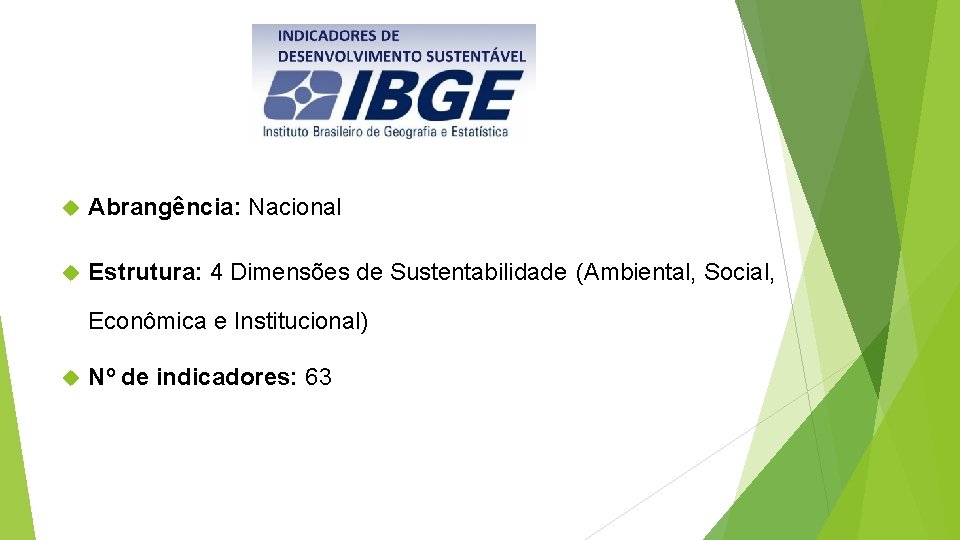  Abrangência: Nacional Estrutura: 4 Dimensões de Sustentabilidade (Ambiental, Social, Econômica e Institucional) Nº