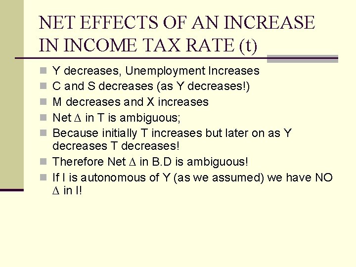 NET EFFECTS OF AN INCREASE IN INCOME TAX RATE (t) Y decreases, Unemployment Increases